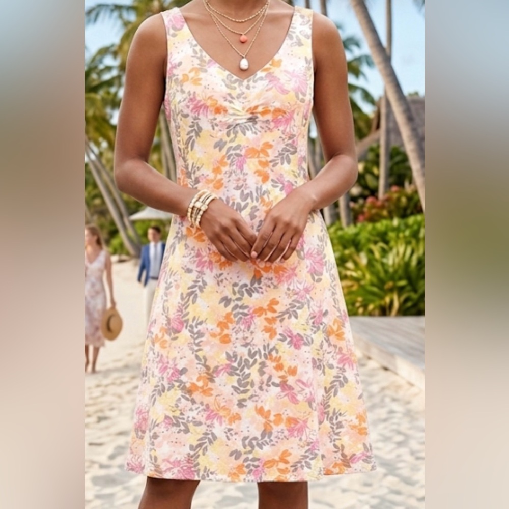 J. Jill Petite Floral Sleeveless V-Neck Rayon Shift Dress Orange Pink 10P 717311